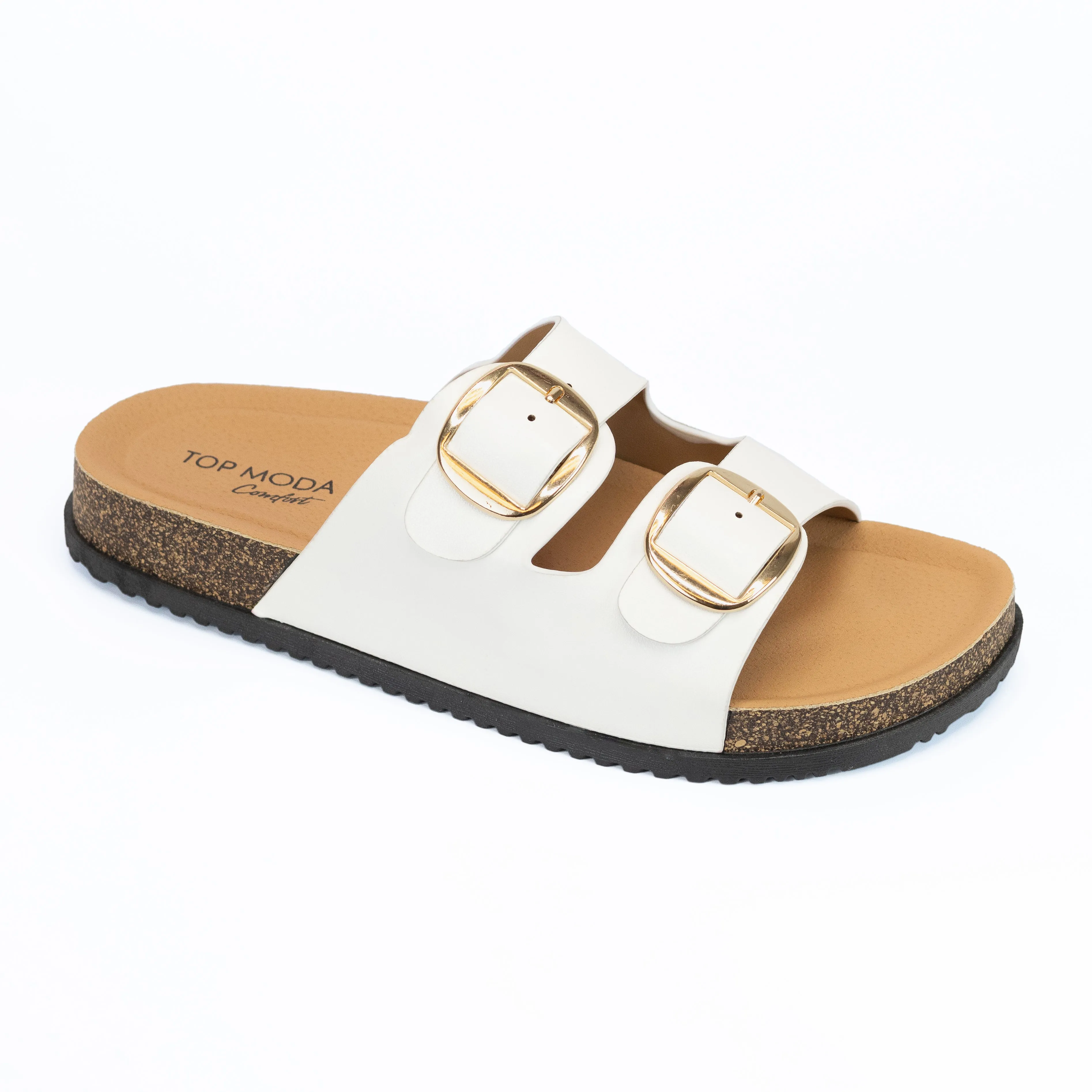 Luca - Buckle Detail Slip-On Sandals, Cork Comfort Sole & Double Strap, Casual Summer Footwear, Stylish & Supportive for Everyday Wear