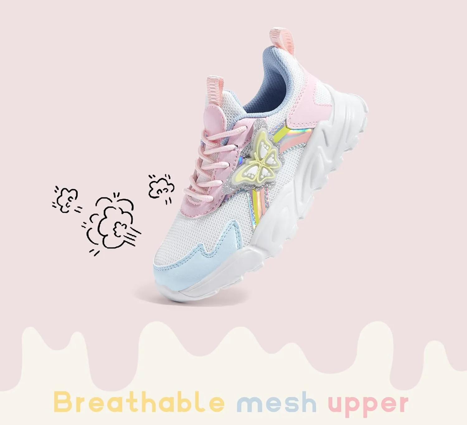 LUCKY STEP Girls Kid's Butterfly Running Sneaker Tennis Sparkle Mesh Athletic School Gym Lace-up Walking Shoes for Toddler/Little Kid/Big Kid