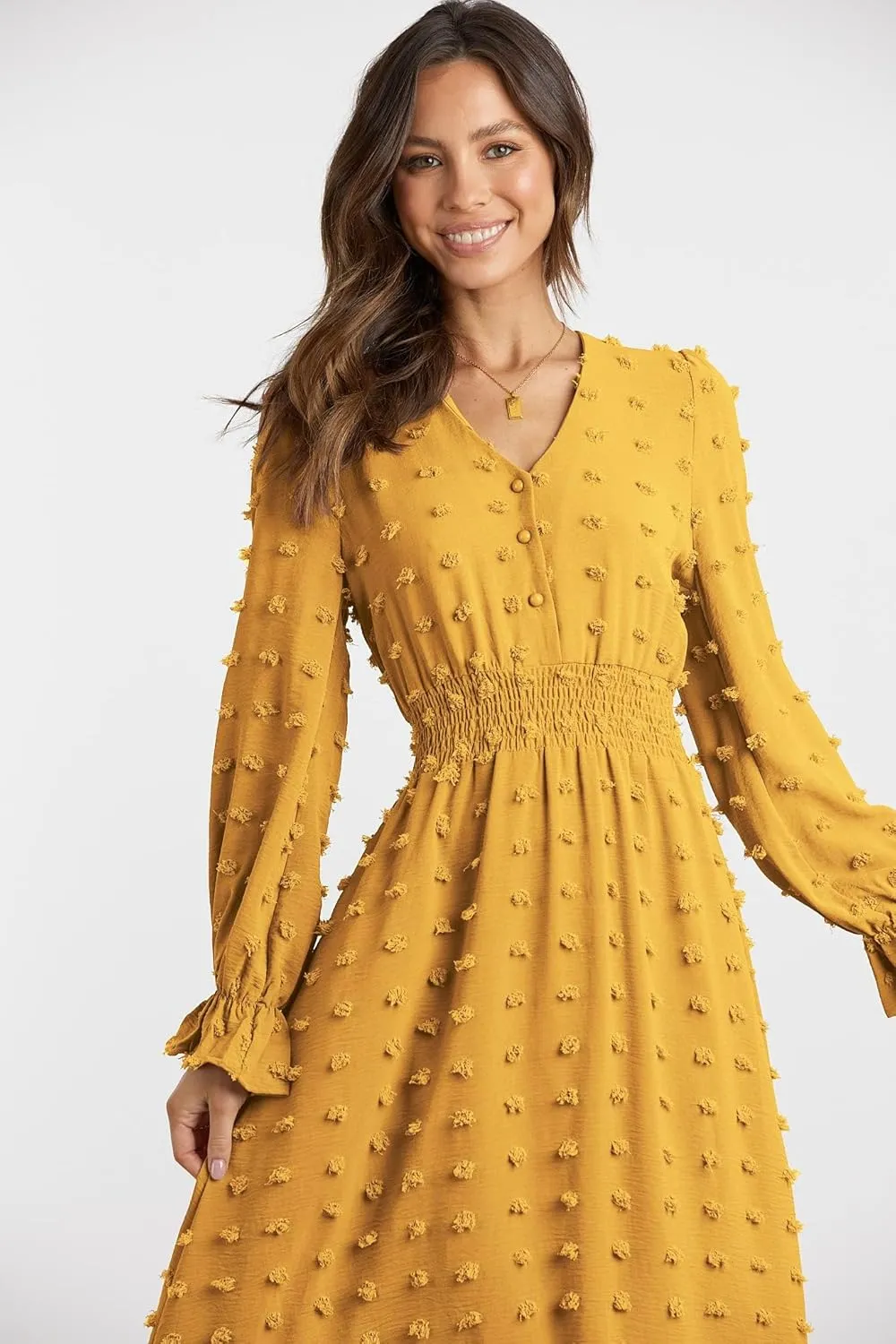 MASCOMODA Women Boho Maxi Dress 2025 Long Sleeve V Neck Swiss Dot Smocked High Waisted A-Line Ruffle Tiered Long Dress