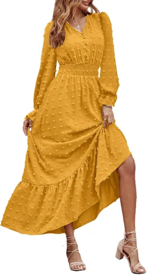 MASCOMODA Women Boho Maxi Dress 2025 Long Sleeve V Neck Swiss Dot Smocked High Waisted A-Line Ruffle Tiered Long Dress