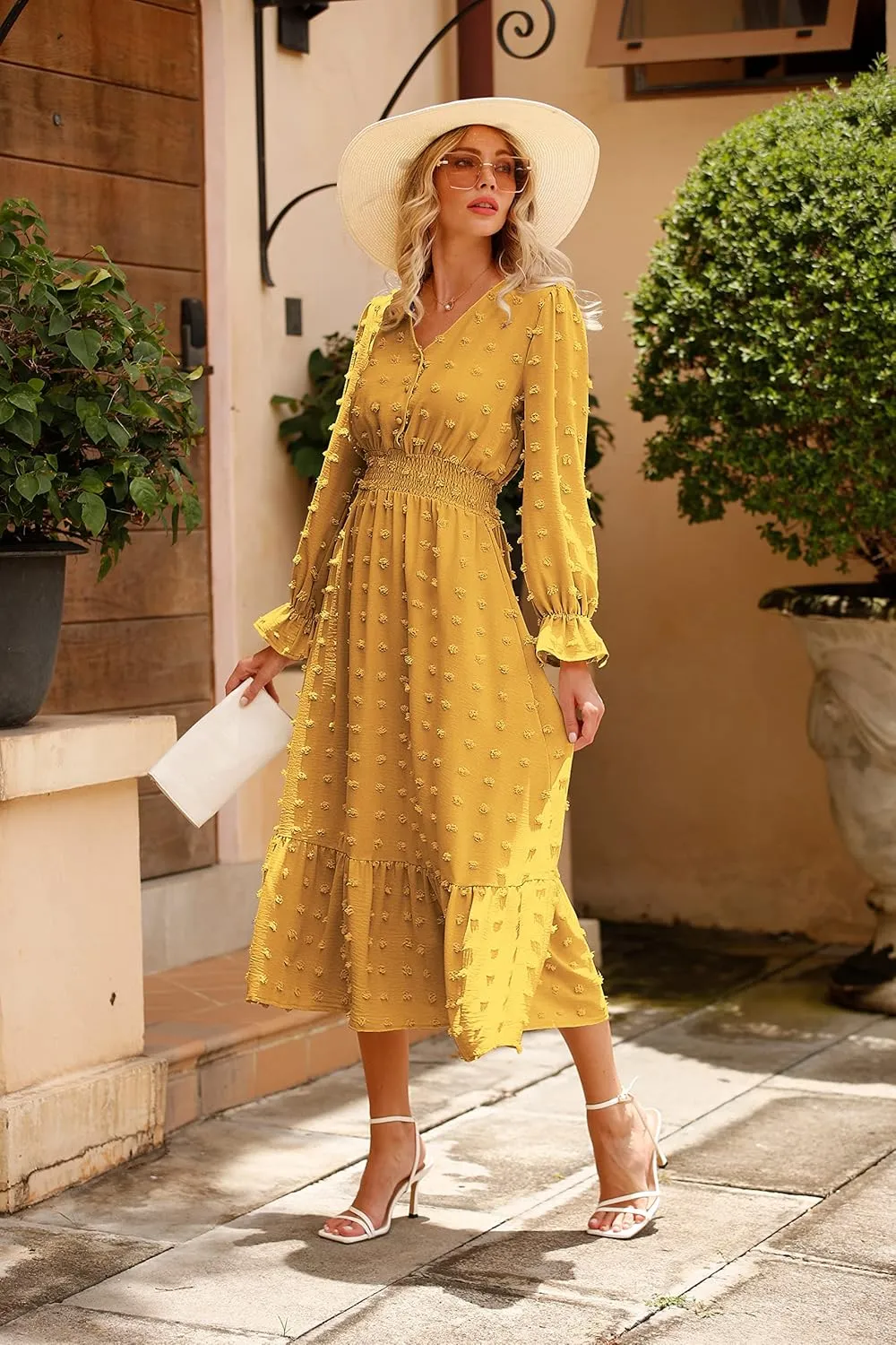 MASCOMODA Women Boho Maxi Dress 2025 Long Sleeve V Neck Swiss Dot Smocked High Waisted A-Line Ruffle Tiered Long Dress