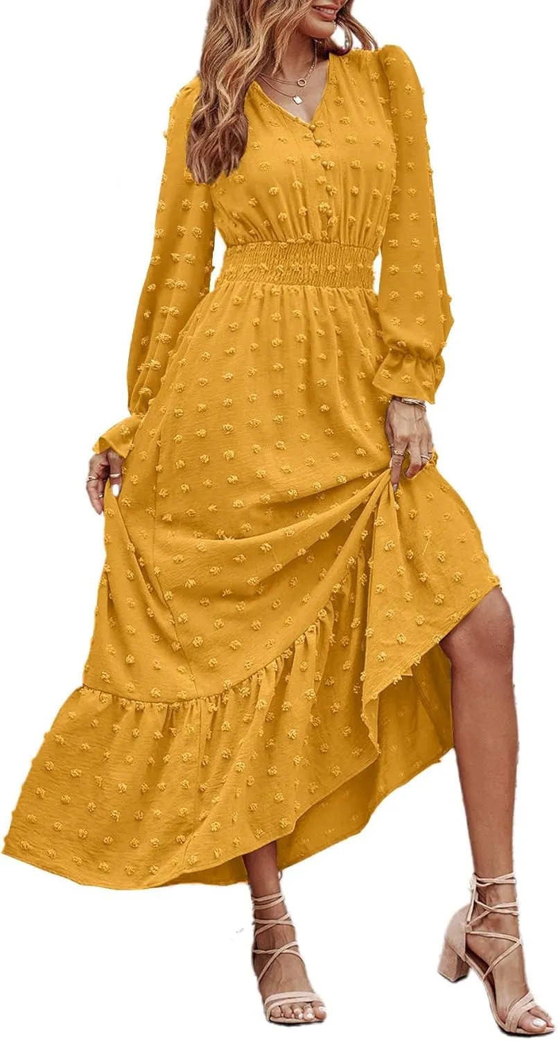 MASCOMODA Women Boho Maxi Dress 2025 Long Sleeve V Neck Swiss Dot Smocked High Waisted A-Line Ruffle Tiered Long Dress