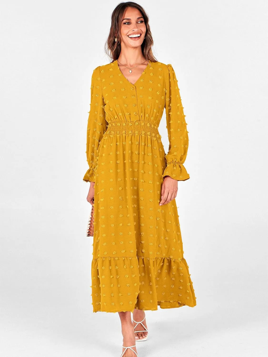 MASCOMODA Women Boho Maxi Dress 2025 Long Sleeve V Neck Swiss Dot Smocked High Waisted A-Line Ruffle Tiered Long Dress
