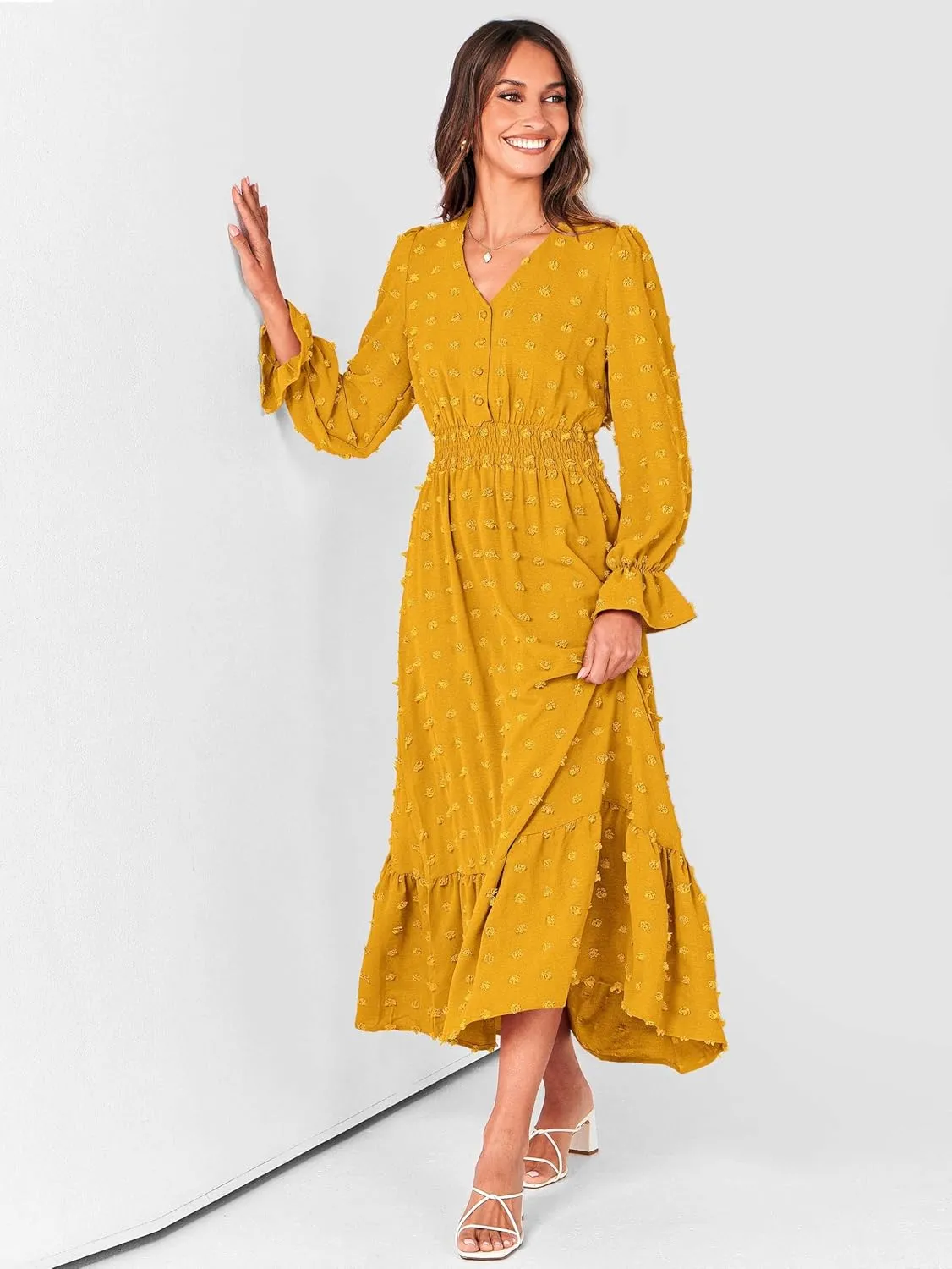 MASCOMODA Women Boho Maxi Dress 2025 Long Sleeve V Neck Swiss Dot Smocked High Waisted A-Line Ruffle Tiered Long Dress