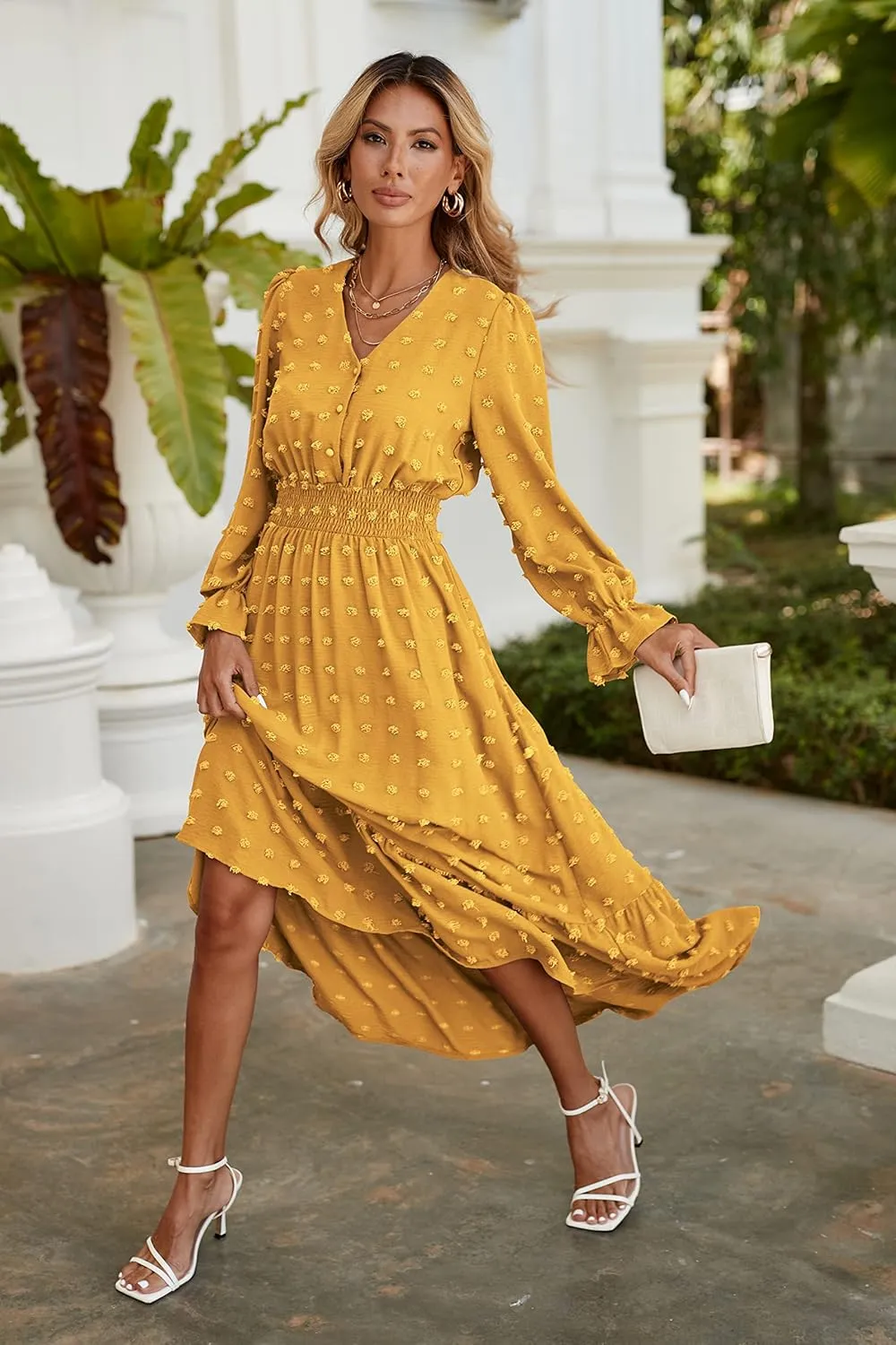 MASCOMODA Women Boho Maxi Dress 2025 Long Sleeve V Neck Swiss Dot Smocked High Waisted A-Line Ruffle Tiered Long Dress