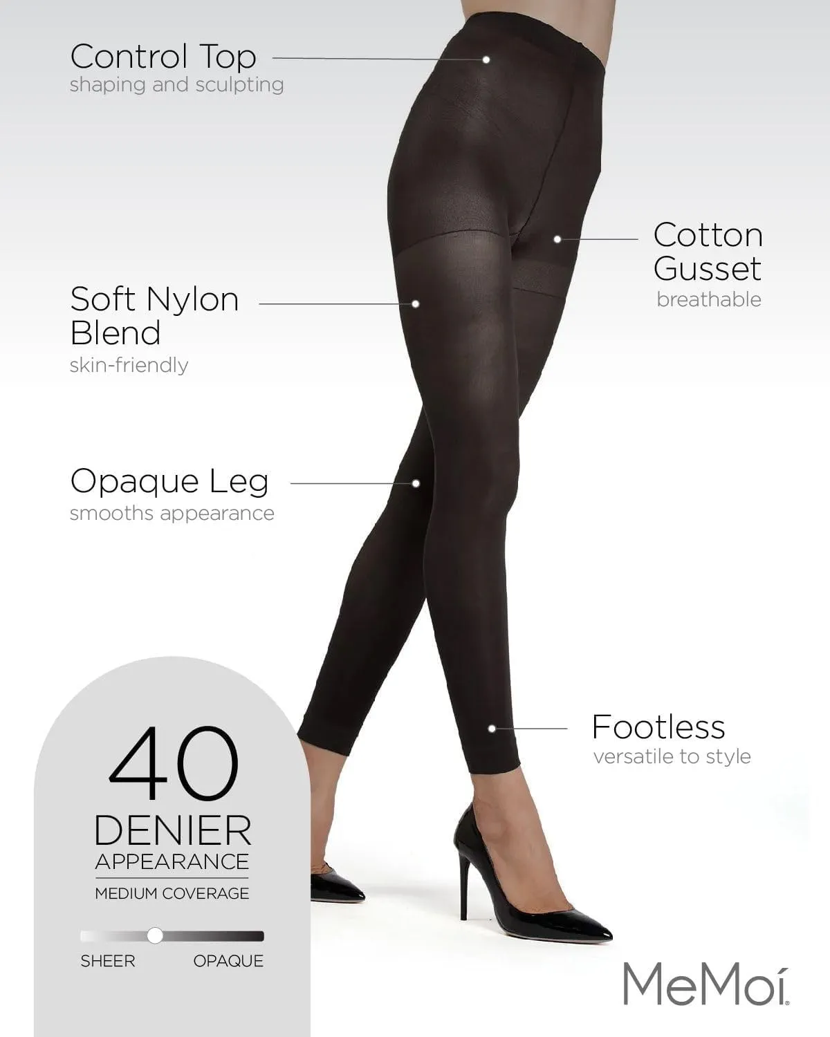 MeMoi Control Top Footless Tights, Smoothing Semi Opaque Tights for Women - Sizes Small to Queen 2