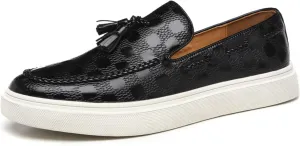Men's Classic Business Plaid Pattern Leather Tasseled Loafers Comfortable Round Toe Non-Slip Flat Walking Shoes