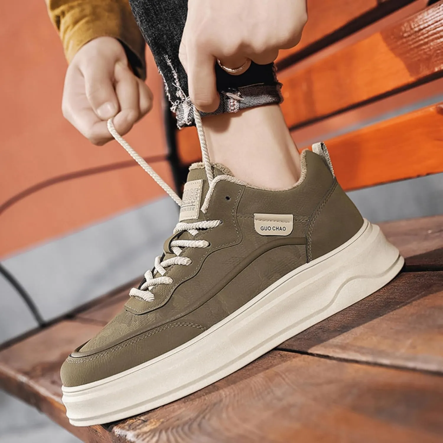 Mens Fashion Suede Leather Lace Up Platform Fur Lined Sneakers Casual Retro Warm Round Toe Non Slip Flats Walking Shoes for Daily Travel
