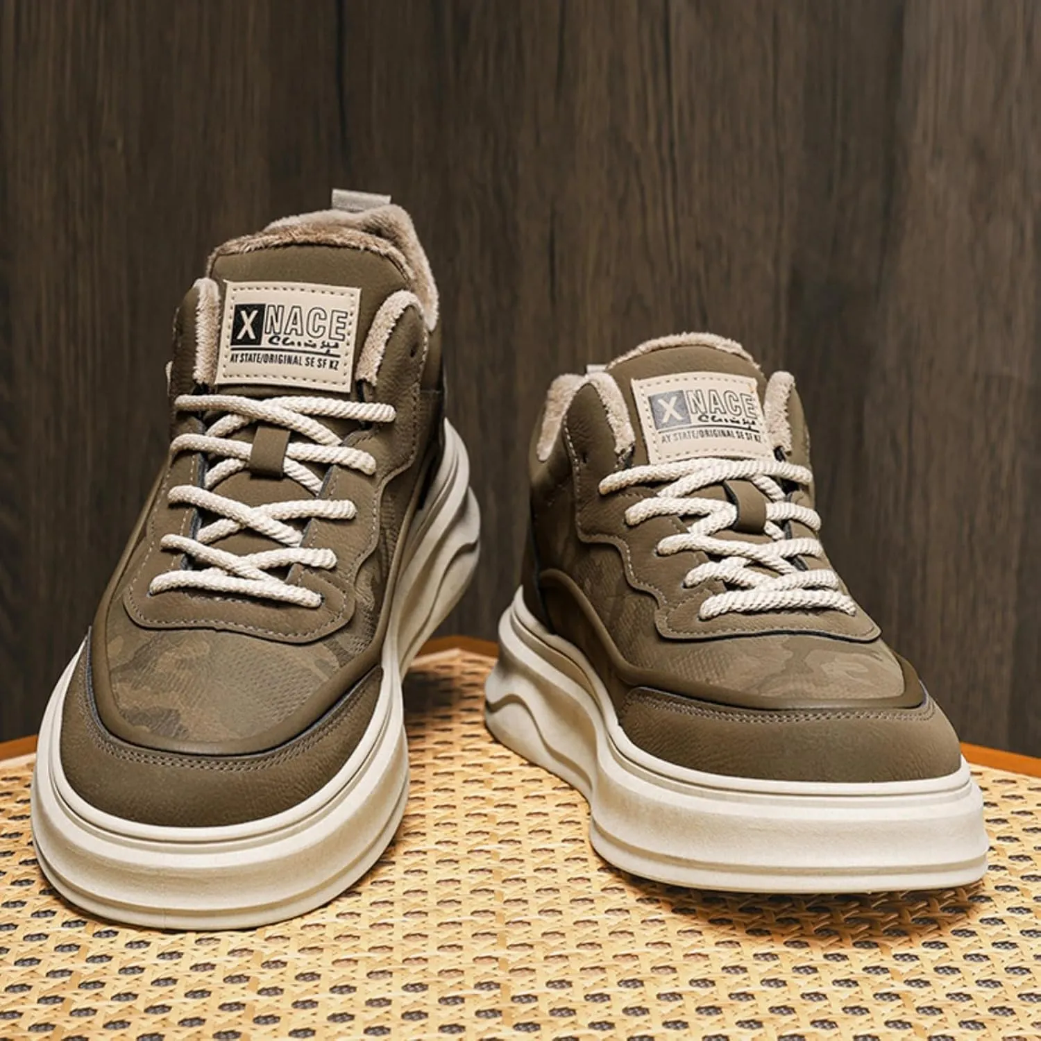 Mens Fashion Suede Leather Lace Up Platform Fur Lined Sneakers Casual Retro Warm Round Toe Non Slip Flats Walking Shoes for Daily Travel