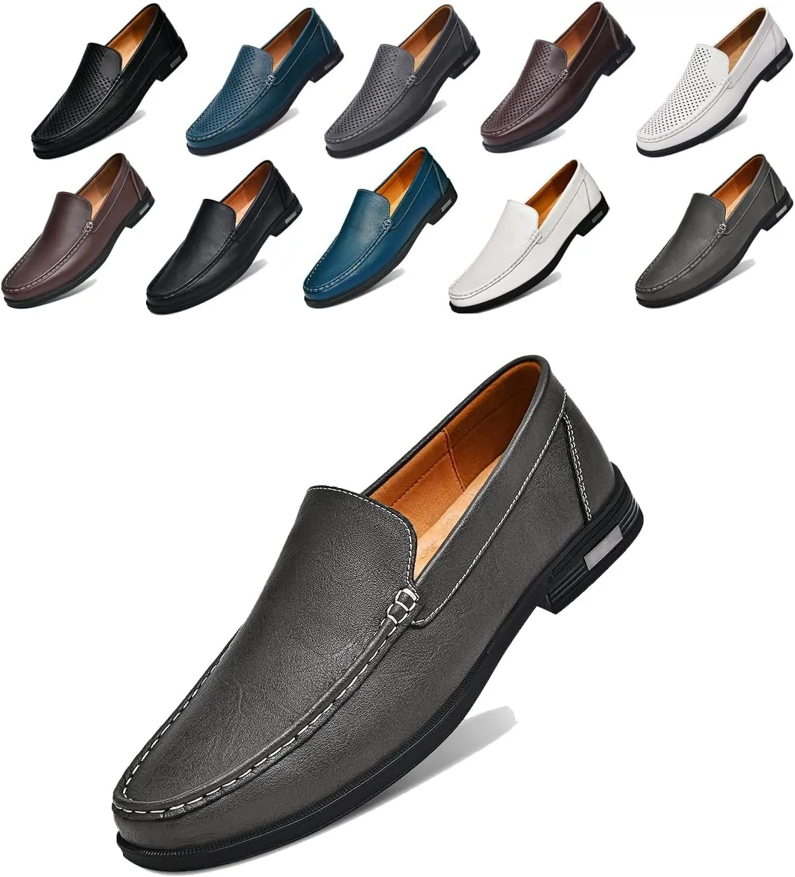 Men's Genuine Leather Slip-on Loafers Casual Hollow Breathable Comfortable Penny Loafers Soft Bottom Flat Breathable Driving Lazy Loafers Shoes