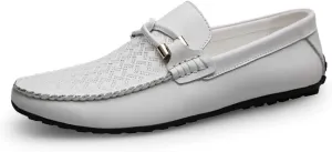 Men's Genuine Leather Slip On Penny Loafers Casual Light-Weight Breathable Embossed Shoes Vegan Knot Anti Slip Flat Round Toe(White Embossed,10 M US)