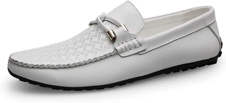 Men's Genuine Leather Slip On Penny Loafers Casual Light-Weight Breathable Embossed Shoes Vegan Knot Anti Slip Flat Round Toe(White Embossed,10 M US)