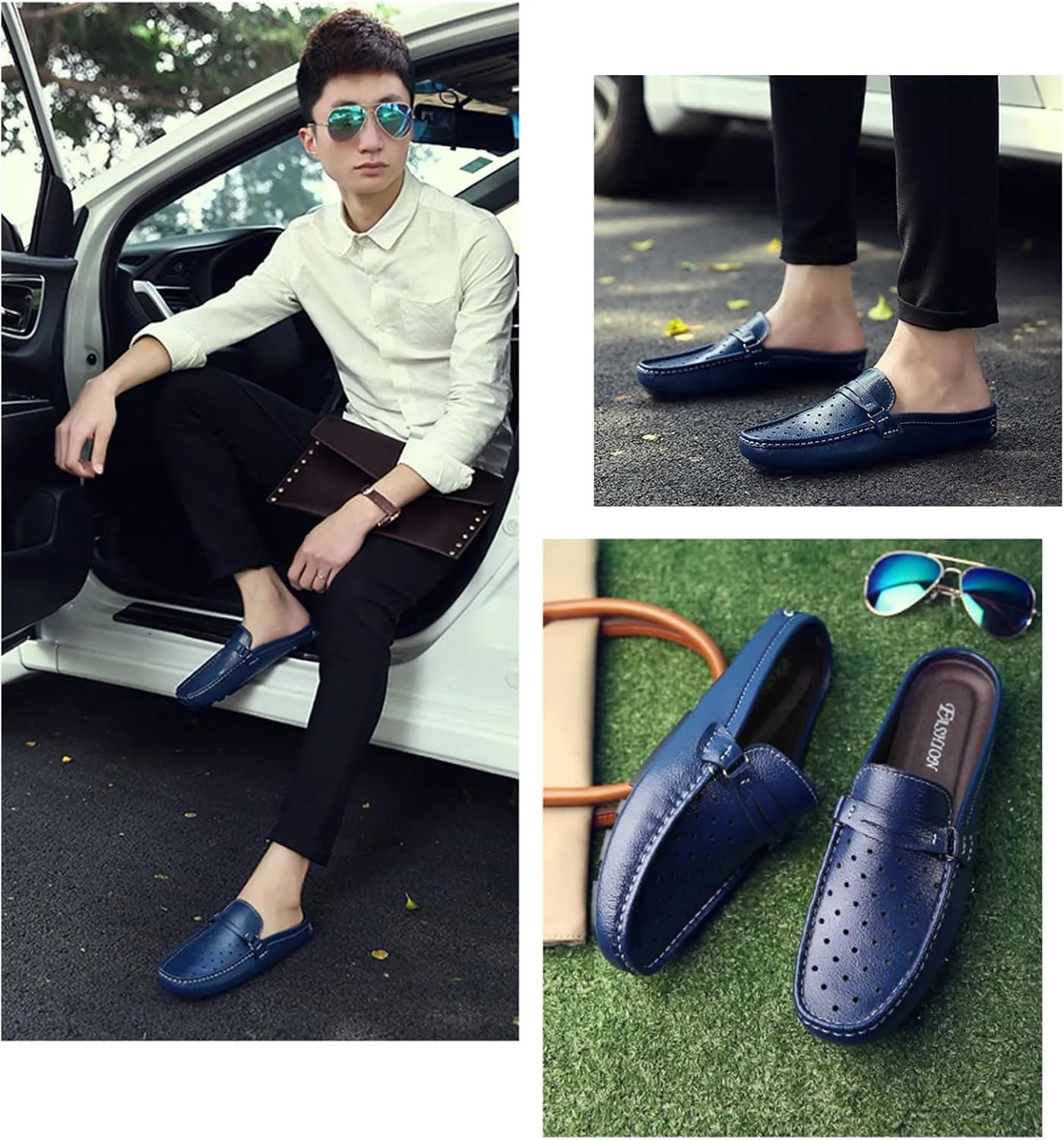 Men's Leather Hollow Flat Clogs Mules Casual Breathable Round Toe Punching Backless Slip-On Loafers Suitable for Business Walking Driving