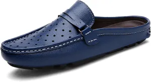 Men's Leather Hollow Flat Clogs Mules Casual Breathable Round Toe Punching Backless Slip-On Loafers Suitable for Business Walking Driving