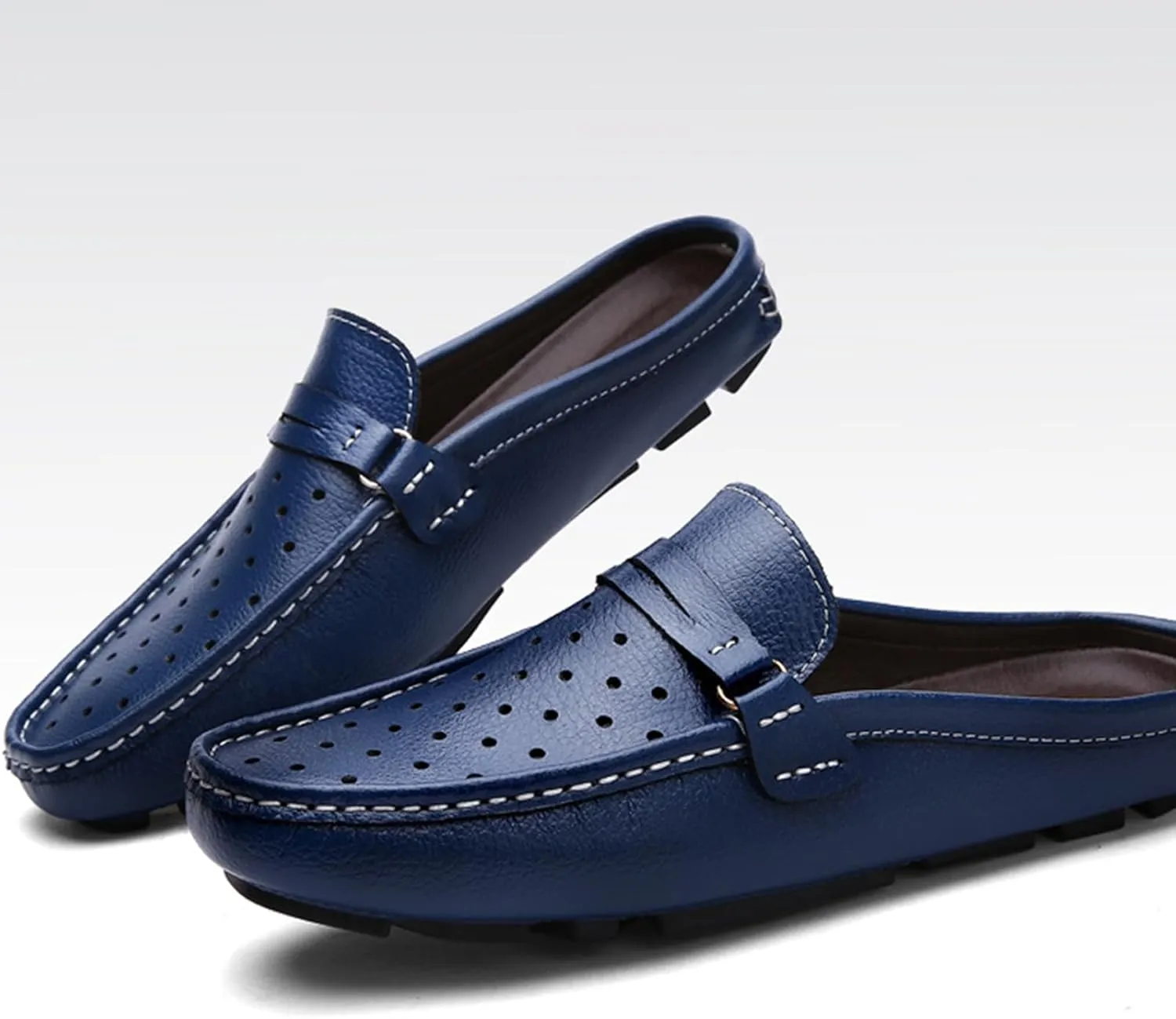 Men's Leather Hollow Flat Clogs Mules Casual Breathable Round Toe Punching Backless Slip-On Loafers Suitable for Business Walking Driving
