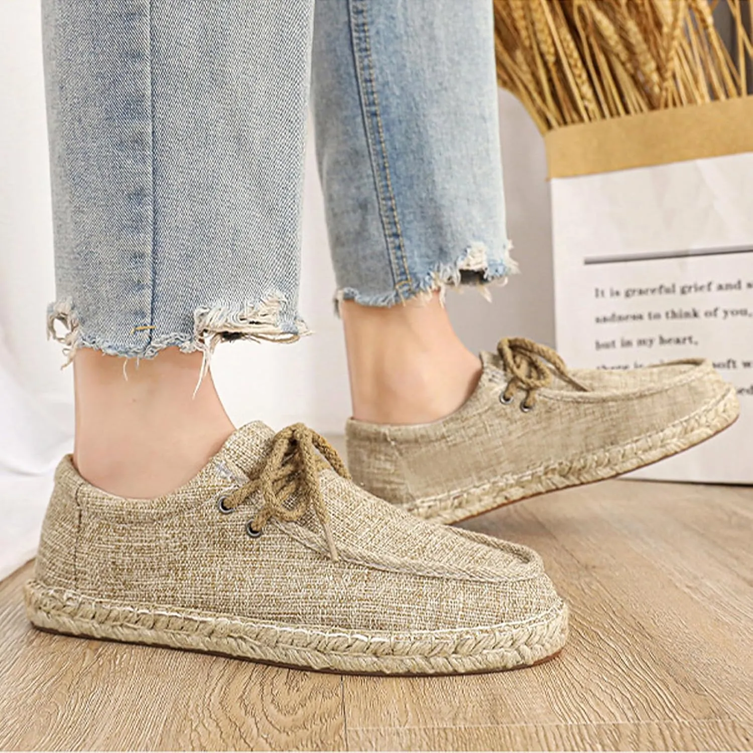 Men's Linen Canvas Loafers,Casual Breathable Slip-On Espadrille Flat Walking Shoes Round Toe Moccasins Boat Shoes