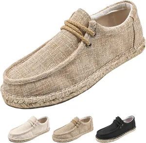 Men's Linen Canvas Loafers,Casual Breathable Slip-On Espadrille Flat Walking Shoes Round Toe Moccasins Boat Shoes