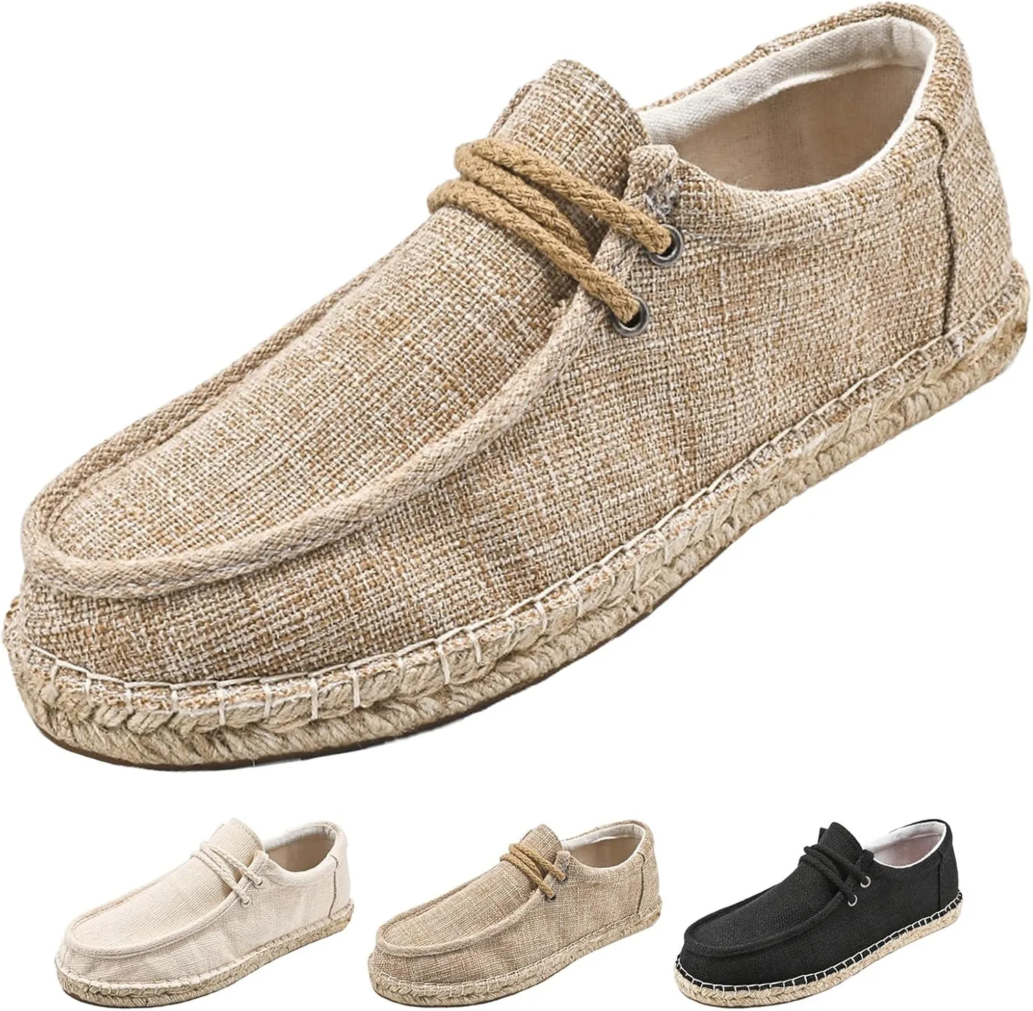 Men's Linen Canvas Loafers,Casual Breathable Slip-On Espadrille Flat Walking Shoes Round Toe Moccasins Boat Shoes