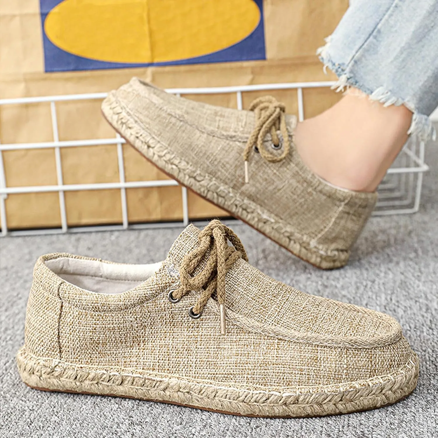 Men's Linen Canvas Loafers,Casual Breathable Slip-On Espadrille Flat Walking Shoes Round Toe Moccasins Boat Shoes