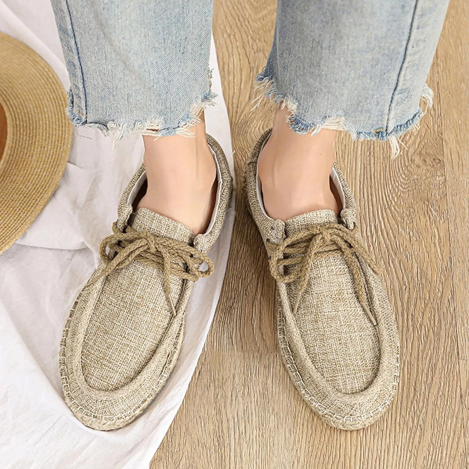 Men's Linen Canvas Loafers,Casual Breathable Slip-On Espadrille Flat Walking Shoes Round Toe Moccasins Boat Shoes