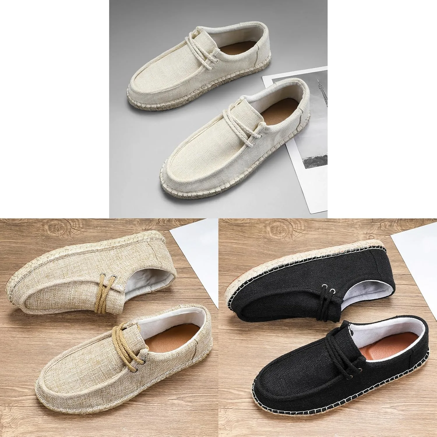 Men's Linen Canvas Loafers,Casual Breathable Slip-On Espadrille Flat Walking Shoes Round Toe Moccasins Boat Shoes