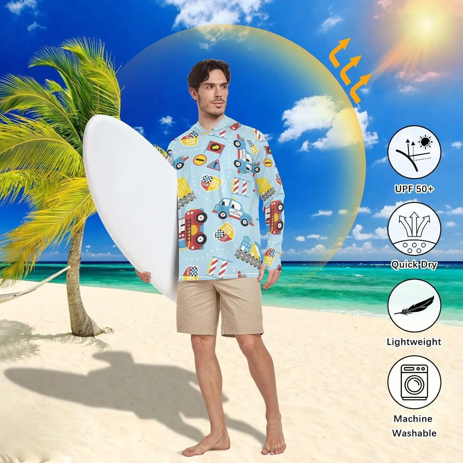 Mens Sun Protection Hoodie Long Sleeve Cartoon Rescue Trucks Sun Shirt with Hood UPF 50  Beach Hoodie Rash Guard for