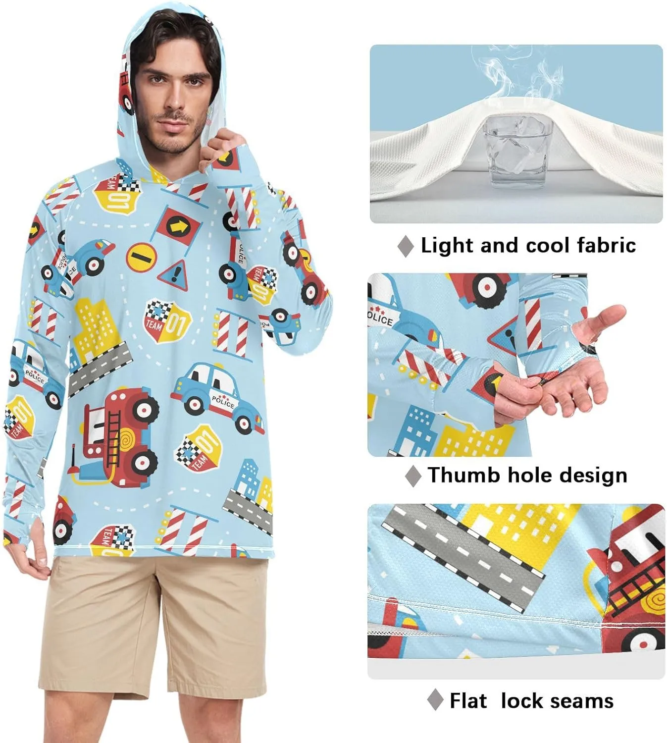 Mens Sun Protection Hoodie Long Sleeve Cartoon Rescue Trucks Sun Shirt with Hood UPF 50  Beach Hoodie Rash Guard for