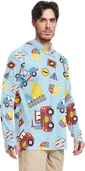 Mens Sun Protection Hoodie Long Sleeve Cartoon Rescue Trucks Sun Shirt with Hood UPF 50  Beach Hoodie Rash Guard for