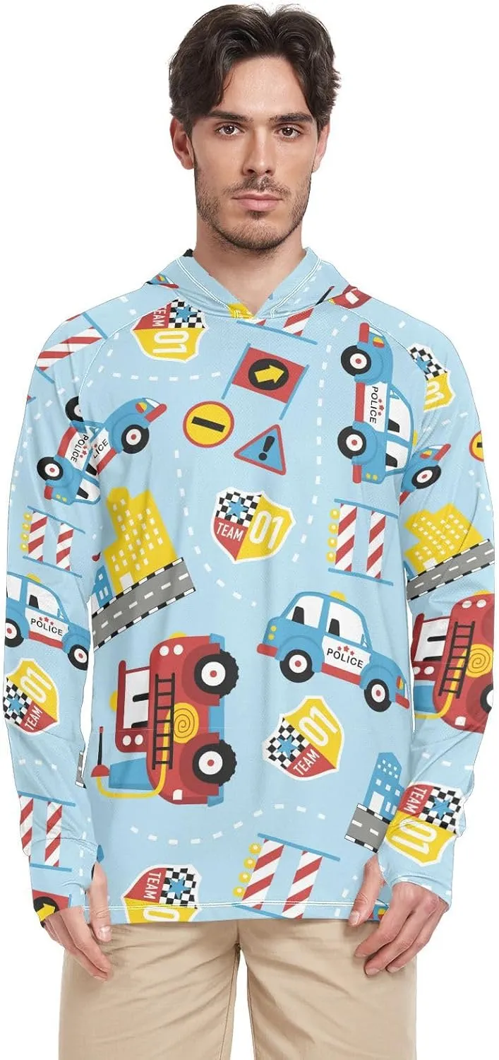 Mens Sun Protection Hoodie Long Sleeve Cartoon Rescue Trucks Sun Shirt with Hood UPF 50  Beach Hoodie Rash Guard for