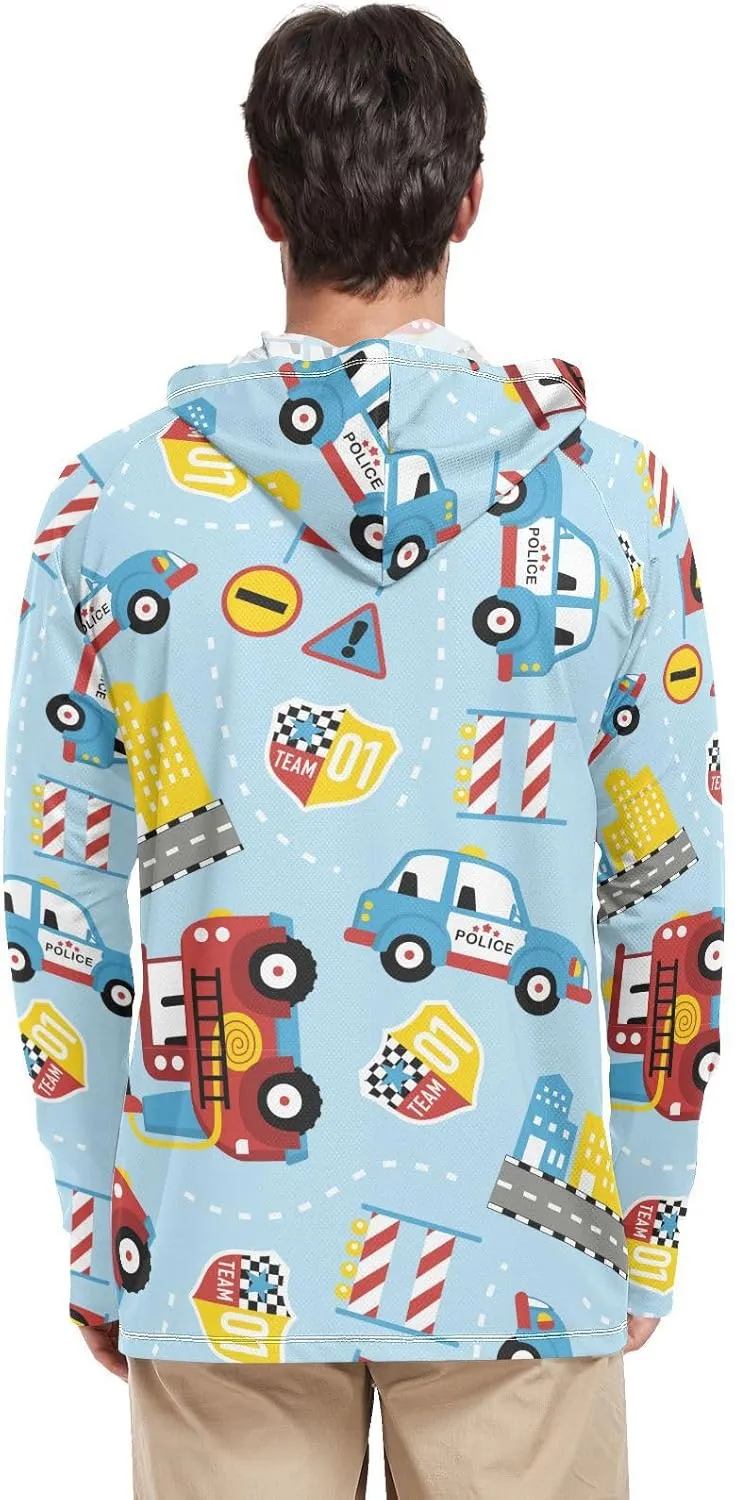 Mens Sun Protection Hoodie Long Sleeve Cartoon Rescue Trucks Sun Shirt with Hood UPF 50  Beach Hoodie Rash Guard for