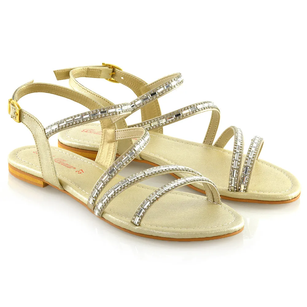 Mercedes Flat Diamante Sandals With Buckle Ankle Strap in Gold