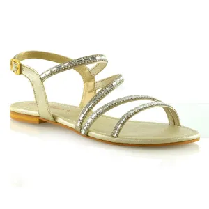 Mercedes Flat Diamante Sandals With Buckle Ankle Strap in Gold