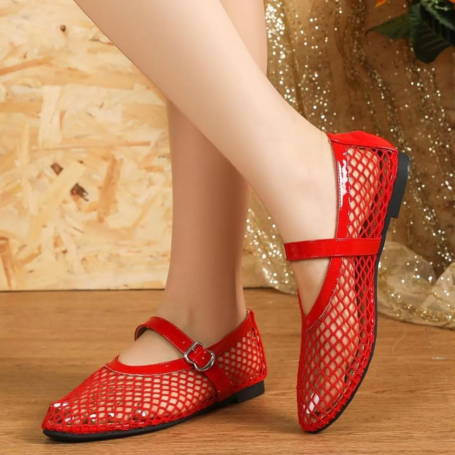 Mesh Ballet Flats for Women Buckle Strap Round Toe Mesh Fishnet Flats Comfy Casual Office Ballerina Daily Dress Shoes