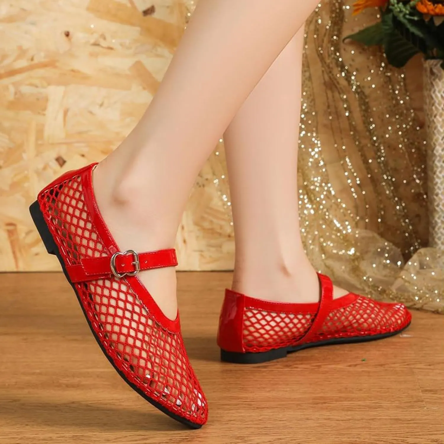 Mesh Ballet Flats for Women Buckle Strap Round Toe Mesh Fishnet Flats Comfy Casual Office Ballerina Daily Dress Shoes