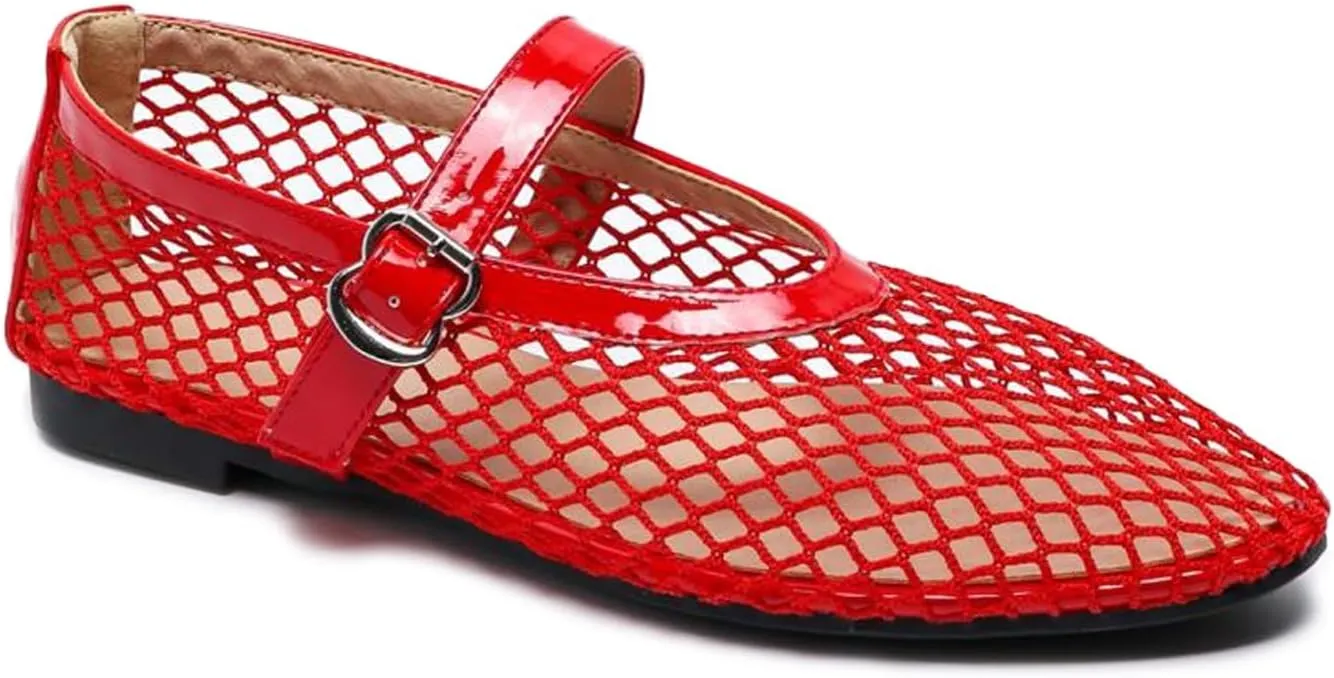 Mesh Ballet Flats for Women Buckle Strap Round Toe Mesh Fishnet Flats Comfy Casual Office Ballerina Daily Dress Shoes
