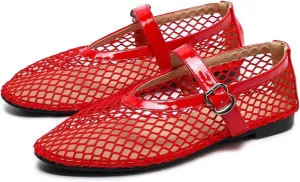Mesh Ballet Flats for Women Buckle Strap Round Toe Mesh Fishnet Flats Comfy Casual Office Ballerina Daily Dress Shoes