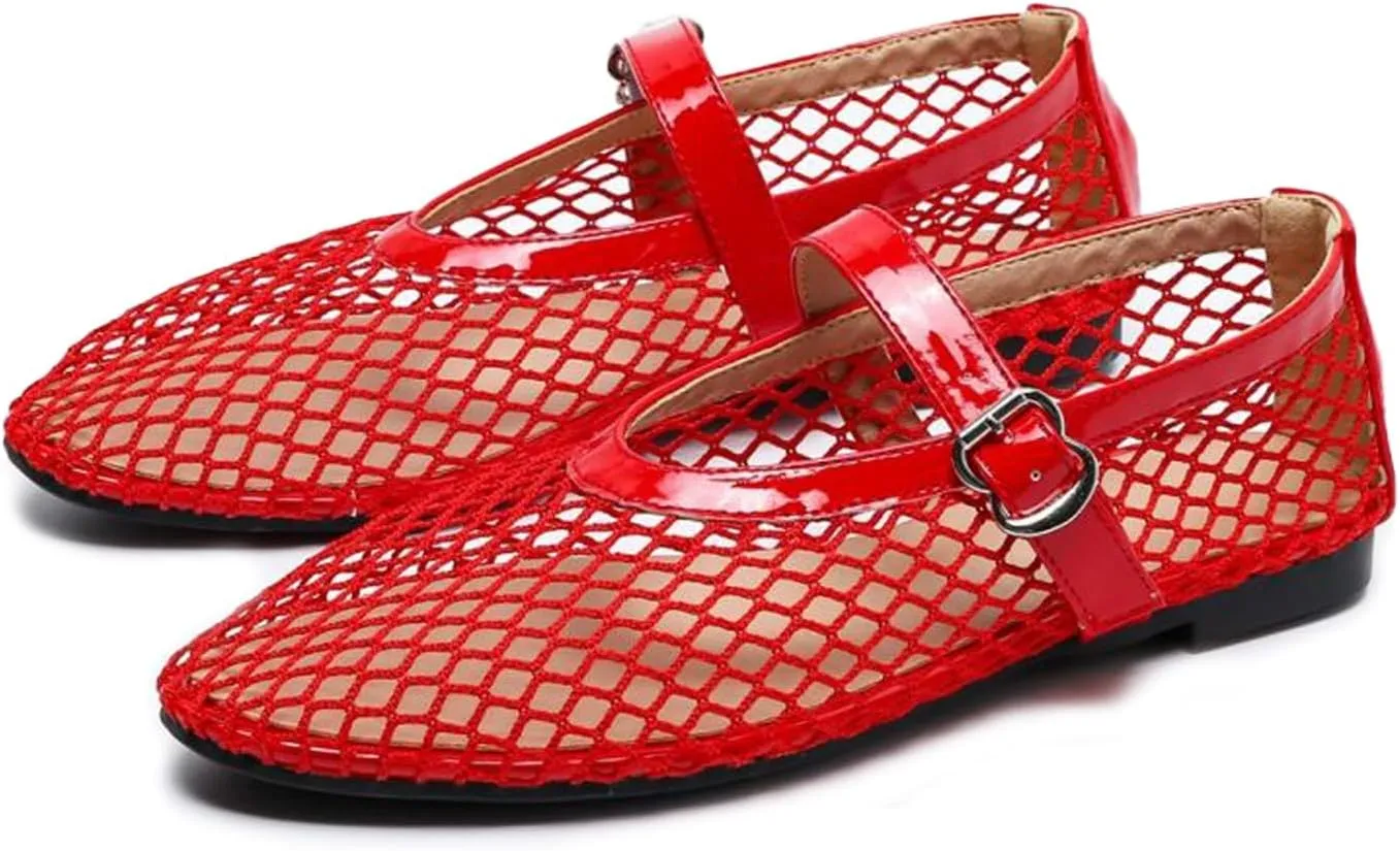 Mesh Ballet Flats for Women Buckle Strap Round Toe Mesh Fishnet Flats Comfy Casual Office Ballerina Daily Dress Shoes