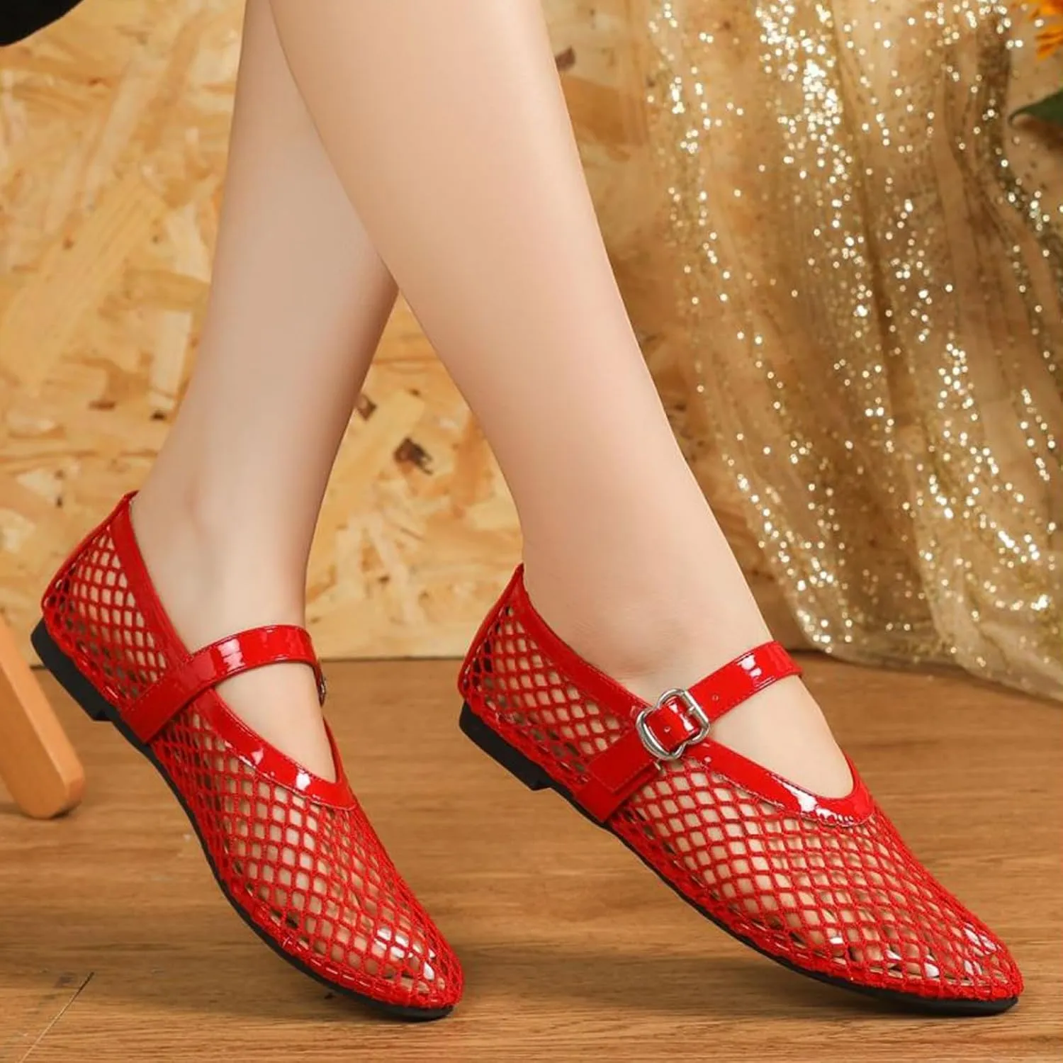 Mesh Ballet Flats for Women Buckle Strap Round Toe Mesh Fishnet Flats Comfy Casual Office Ballerina Daily Dress Shoes