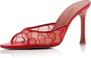 Mesh Heels Mules for Women Peep Open Toe Backless Stiletto Heel Sandals Party Dress Slip-on Lace Heeled Mule