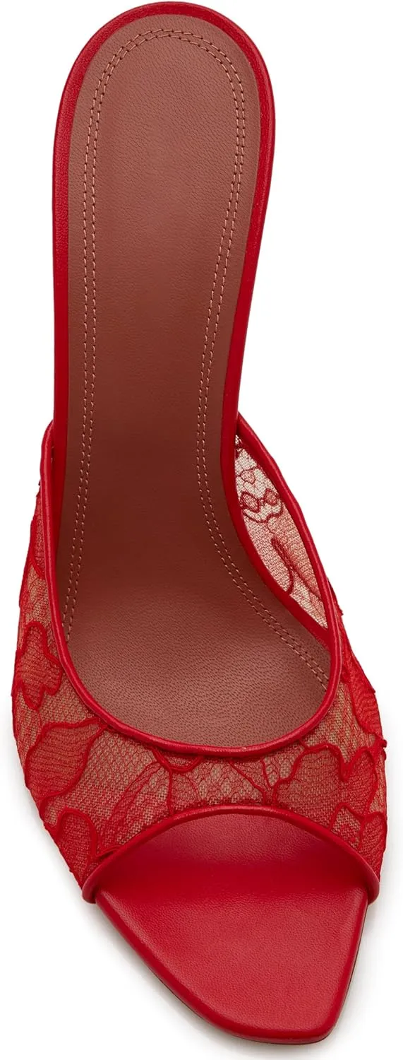 Mesh Heels Mules for Women Peep Open Toe Backless Stiletto Heel Sandals Party Dress Slip-on Lace Heeled Mule