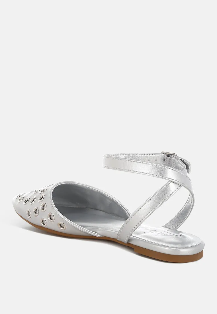 Metallic Eyelet Detail Flat Sandals By RUW
