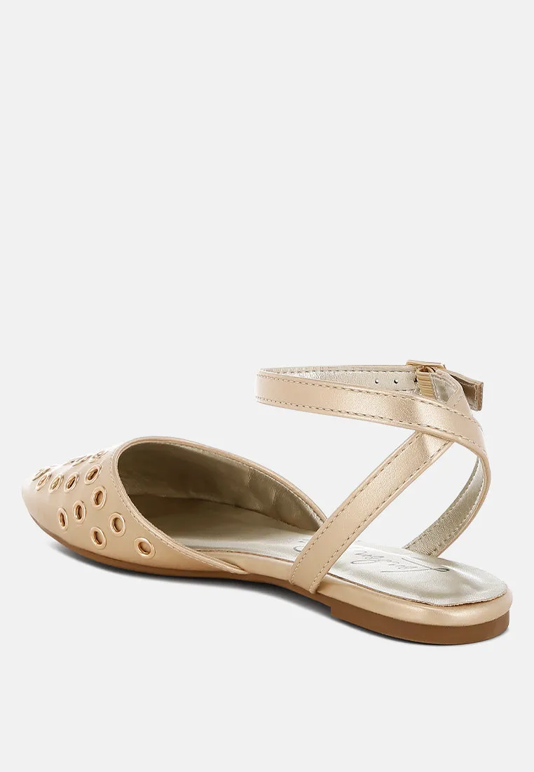 Metallic Eyelet Detail Flat Sandals By RUW
