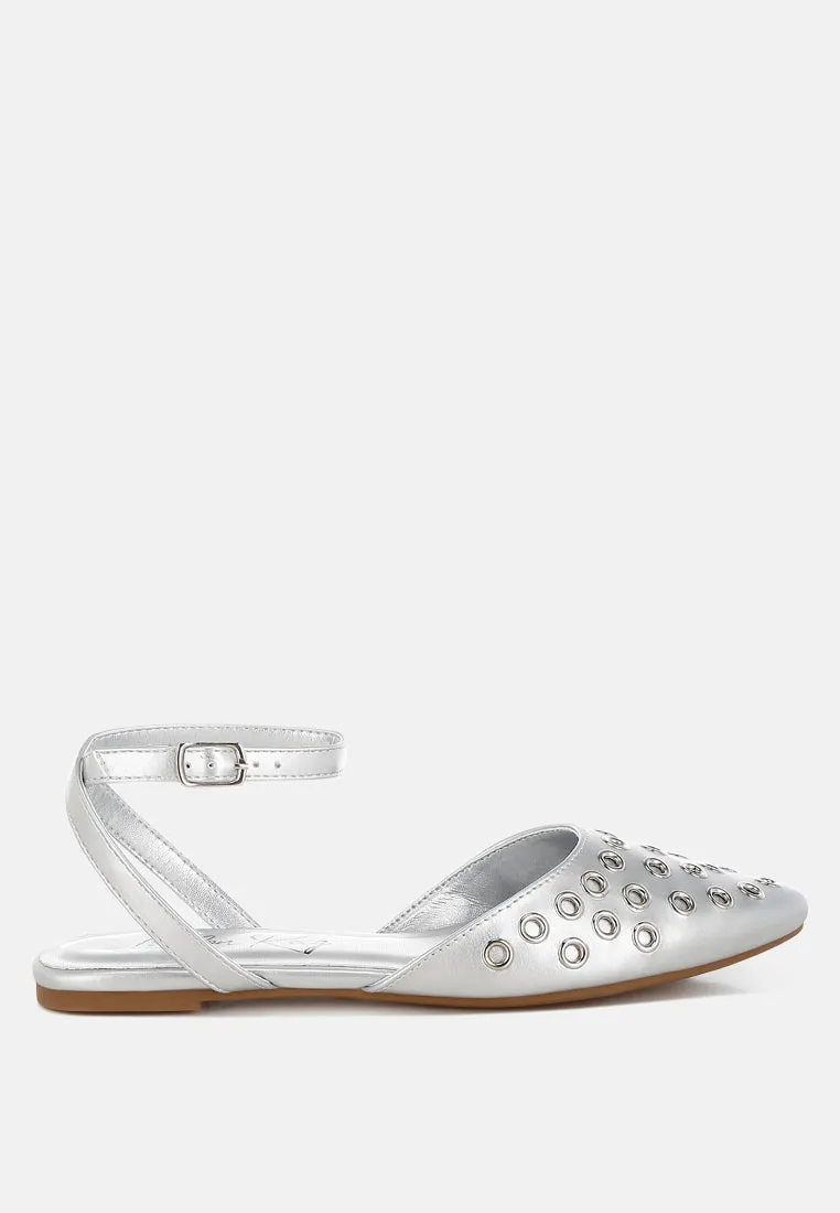 Metallic Eyelet Detail Flat Sandals By RUW
