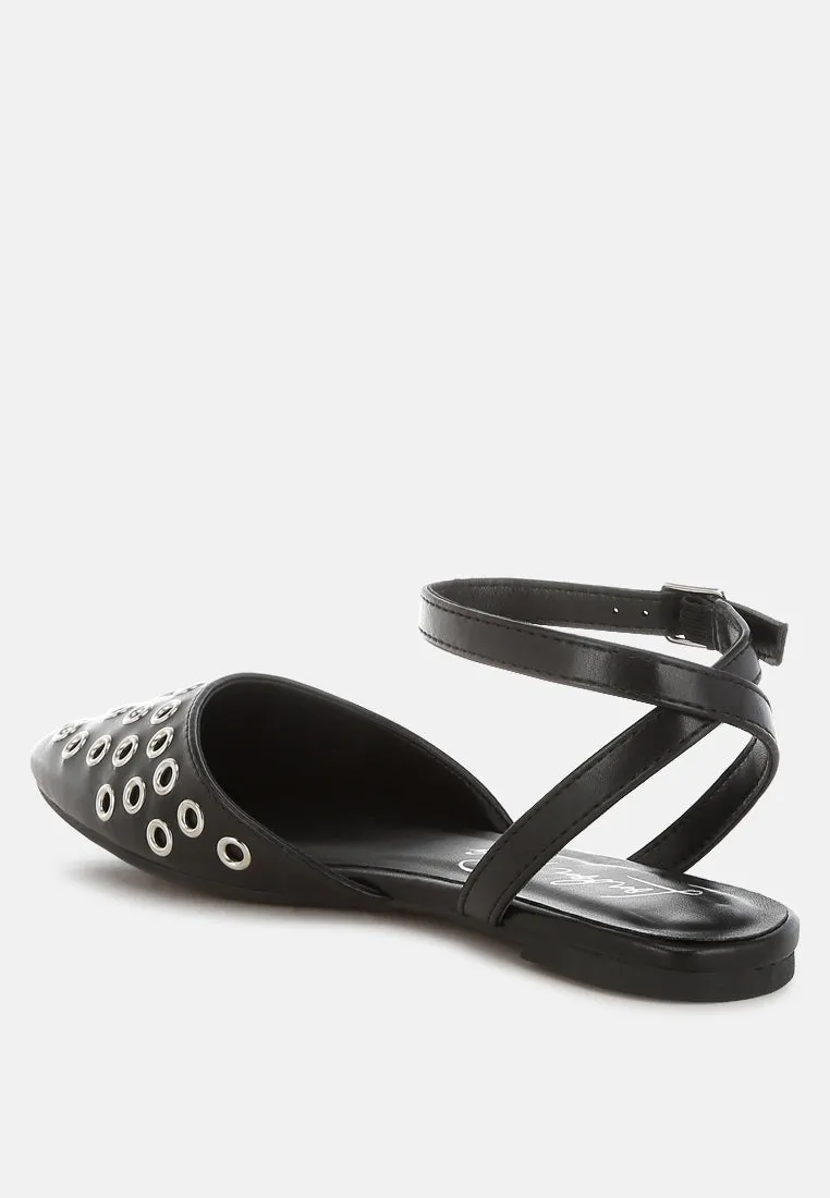 Metallic Eyelet Detail Flat Sandals By RUW