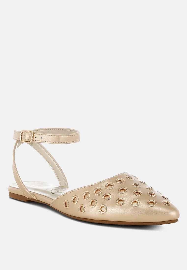 Metallic Eyelet Detail Flat Sandals By RUW