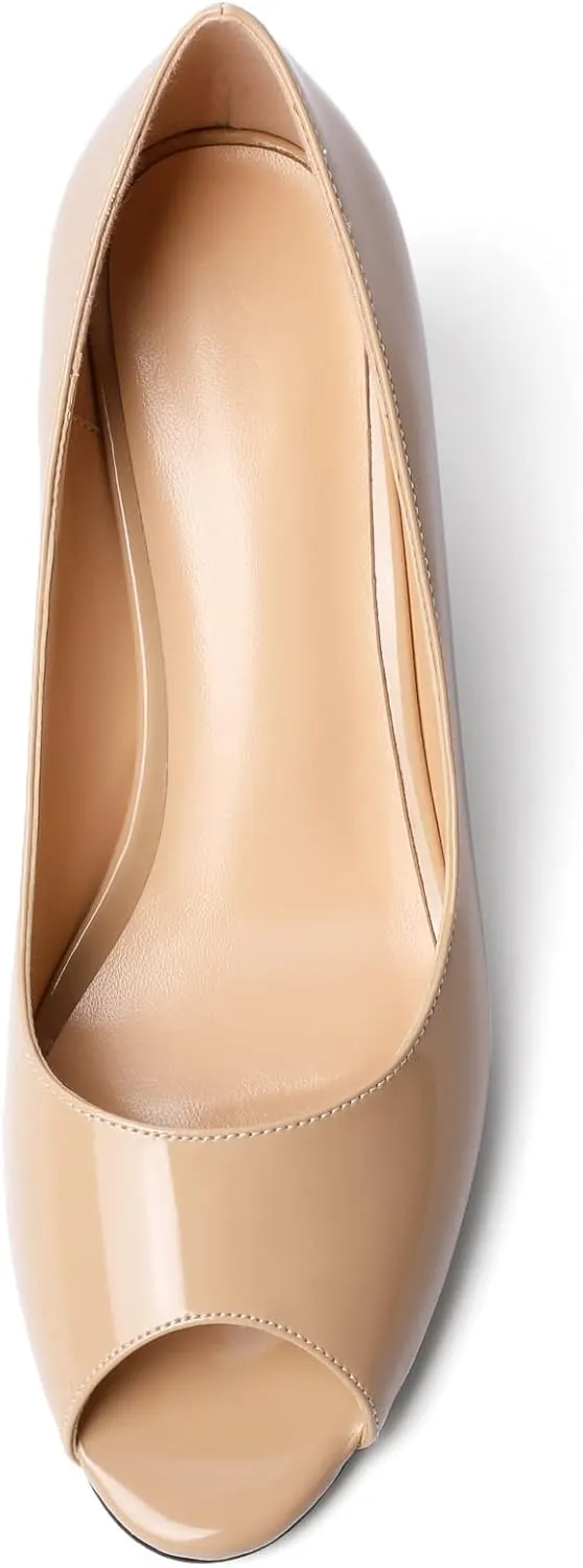 Mettesally Womens Peep Toe Pumps Low Chunky Heels Slip On Comfortable Open Toe Wedding Prom Dressy Shoes