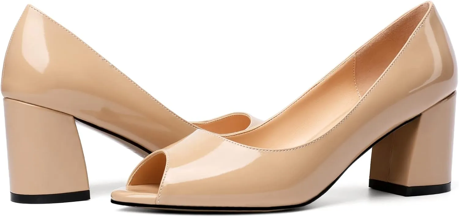 Mettesally Womens Peep Toe Pumps Low Chunky Heels Slip On Comfortable Open Toe Wedding Prom Dressy Shoes