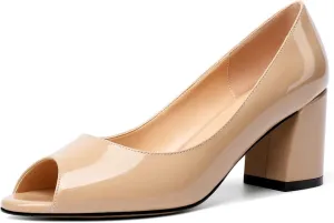 Mettesally Womens Peep Toe Pumps Low Chunky Heels Slip On Comfortable Open Toe Wedding Prom Dressy Shoes