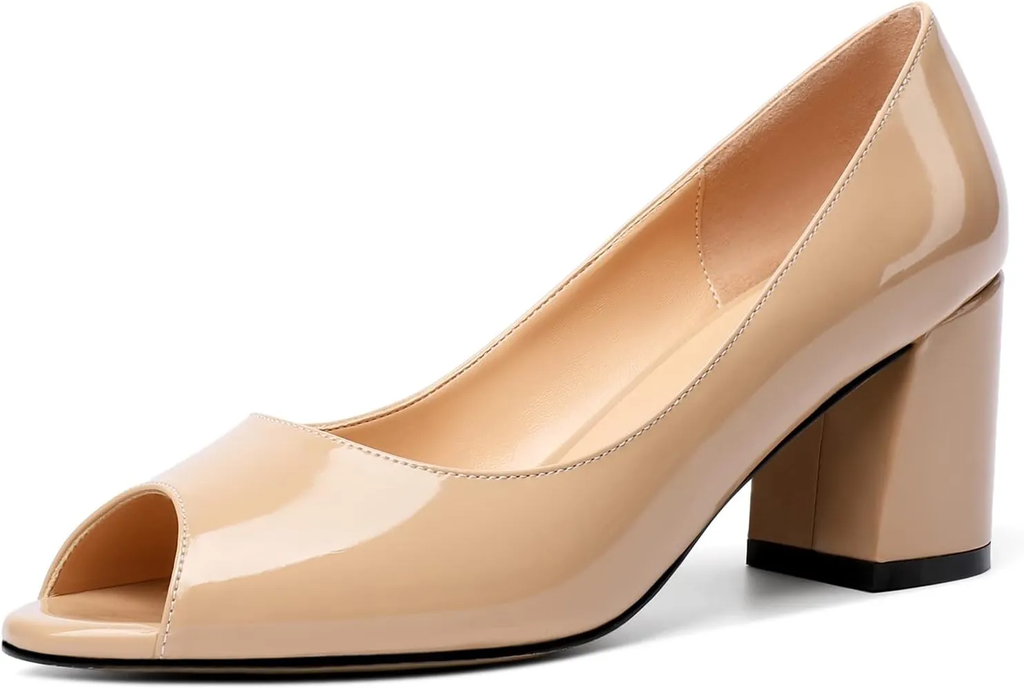 Mettesally Womens Peep Toe Pumps Low Chunky Heels Slip On Comfortable Open Toe Wedding Prom Dressy Shoes
