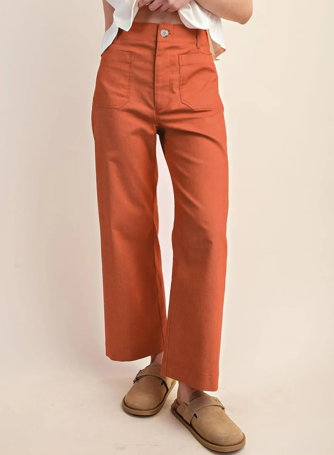 miduo Womens High Waisted Cropped Wide Leg Stretchy Straight Pants Trousers with Pockets